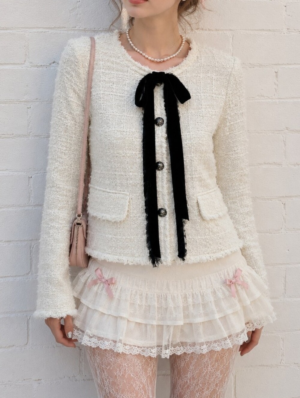 Zara Coquette Style Tweed Blazer Jacket Size XS White Black Bow Detail